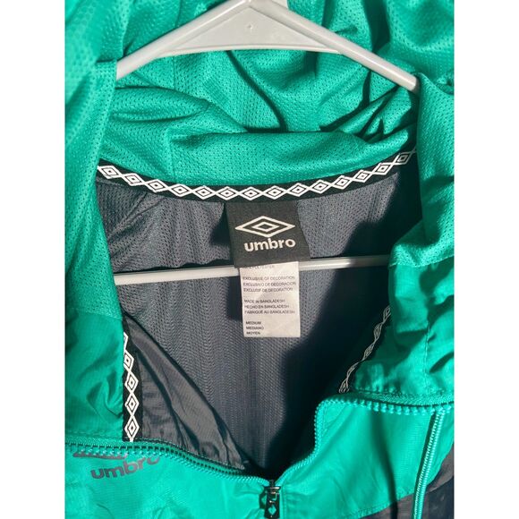 Umbro Men’s Windbreaker Jacket Size M Gray Teal Colorblock Hooded Full Zip - Picture 3 of 5
